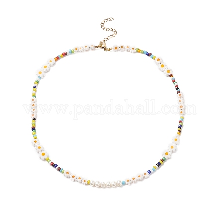 Collar de perlas naturales y millefiori y cuentas de vidrio de semilla para mujer NJEW-JN04159-1