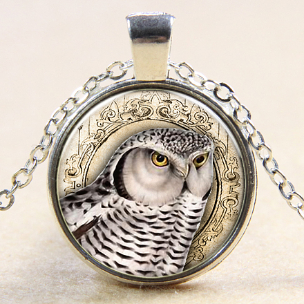 Owl Pattern Flat Round Glass Pendant Necklaces NJEW-N0051-055F-02-1