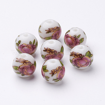 Perles rondes en verre avec motif de fleurs GFB-R002-10mm-01-1
