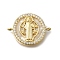 Brass Micro Pave Clear Cubic Zirconia Flat Round Saint Benedict Connector Charms, with Natural Shell, Real 16K Gold Plated, 16x21.5x3.5mm, Hole: 1.2mm