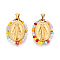 304 Stainless Steel Pendants, Oval with Virgin Mary, with Glass Beads, Ion Plating(IP), Real 18K Gold Plated, Faceted, Colorful, 29x23x4mm, Hole: 5x3.5mm