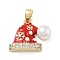 Christmas Theme Brass Micro Pave Cubic Zirconia Pendants, with Enamel and ABS Imitation Pearls, Real 18K Gold Plated, Hat, 14.5x17.5x7mm, Hole: 4.5x2.5mm