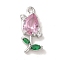 Brass Pave Clear Cubic Zirconia Pendants, Cadmium Free & Nickel Free & Lead Free, Tulip, Pink with Green, Platinum, 20.5x9.5x4mm, Hole: 1.4mm
