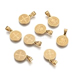 Rotonda e piatta con San Benito e parola 304 charms in acciaio inox, oro, 14x12x1.2mm, Foro: 4x6.5 mm