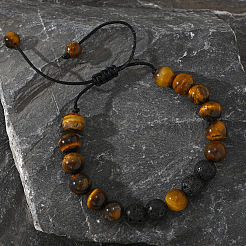 Плетеные браслеты из круглых бусин из натурального лавового камня и тигрового глаза&nbsp;AW3107-2