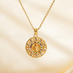 Vintage Messing Pavé Zirkonia Hohle Runde Religion Jungfrau Maria Anhänger Halsketten für Frauen&nbsp;EZ3168-2