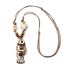 Colliers réglables en cordon ciré avec pendentif en forme de poisson en céramique pour femmes&nbsp;LS-NJEW-B146-01