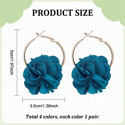 4 пара двухцветных серег-колец с объемным цветком из ткани&nbsp;EJEW-AN0003-69