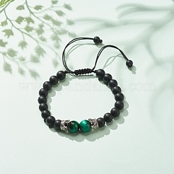 Bracelet tressé en perles d'agate noire givrée naturelle (teinte et chauffée) et œil de tigre avec couronne en alliage&nbsp;BJEW-JB08249-04