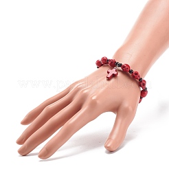 Natürliches Mashan-Jade-Totenkopf-Stretch-Armband mit synthetischem türkisfarbenem (gefärbtem) Kreuzanhänger&nbsp;BJEW-JB08378-02