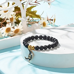 Bracciale elasticizzato con perline rotonde in pietra lavica naturale con ciondolo in smalto in lega di Halloween&nbsp;BJEW-JB08012