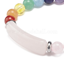 Rectangle de quartz rose naturel et bracelet extensible perlé de pierres mélangées&nbsp;BJEW-JB08981-05