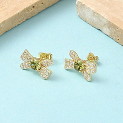 Серьги-гвоздики из латуни с микро-паве и бантом из прозрачного кубического циркония&nbsp;EJEW-Z144-29G