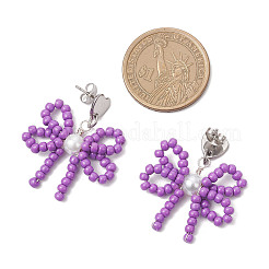 Pendientes colgantes de cuentas de vidrio hechos a mano con forma de corazón y lazo&nbsp;EJEW-MZ00474-03