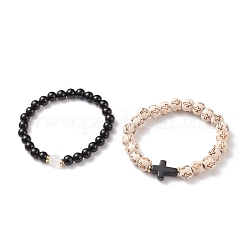 2 pièces 2 ensembles de bracelets extensibles croisés en pierre mélangée naturelle et synthétique de style avec des perles de bois pour les femmes&nbsp;BJEW-JB08344