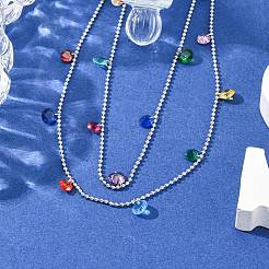 304 нержавеющая сталь шариковая цепочка разноцветные кубические цирконии плоские круглые кисточки двухслойные ожерелья для женщин&nbsp;LS-NJEW-A051-05P