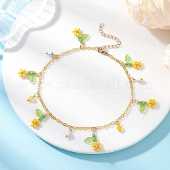 Facettierte runde Fußkettchen aus natürlichem Howlith und Glasperlen mit Blumenquaste und Messing-Kabelkette für Frauen&nbsp;AJEW-MZ00007-01