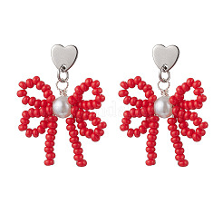 Pendientes colgantes de cuentas de vidrio hechos a mano con forma de corazón y lazo&nbsp;EJEW-MZ00474-02