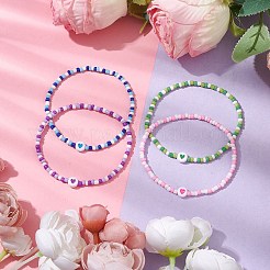 4 braccialetto elasticizzato con perline di semi di vetro e cuore acrilico in 4 colori&nbsp;BJEW-JB10528