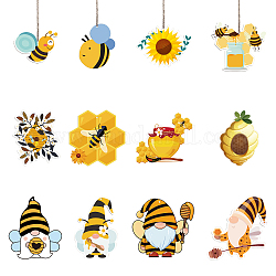 Decoraciones colgantes de madera con tema de abejas, adornos colgantes de cuerda de yute, formas mixtas, amarillo, 60~100x60~100mm, agujero: 3 mm, 12style, 3 piezas / style, 36 PC / sistema