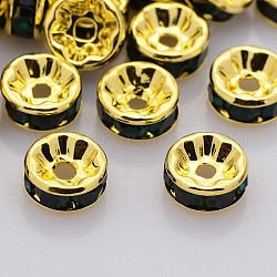 Brass Rhinestone Spacer Beads, Grade AAA, Straight Flange, Nickel Free, Golden Metal Color, Rondelle, Jet, 8x3.8mm, Hole: 1.5mm