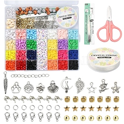DIY Heishi & Barrel Beads Jewelry Set Making Kit, Including Resin & Acrylic & Polymer Clay & Plastic & Shell Beads, Alloy Charm & Clasp, Iron Findings, Elastic Thread, Scissors & Tweezers, Mixed Color, Heishi Beads: 1560pcs/set