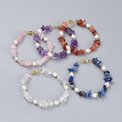 Natural Gemstone Chip Beaded Bracelets, with Shell Pearl Round Beads, Brass Beads and 304 Stainless Steel Lobster Claw Clasps, 7-1/4 inch(18.5cm)