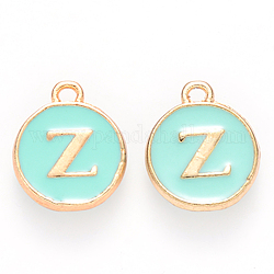 Golden Plated Alloy Enamel Charms, Cadmium Free & Lead Free, Enamelled Sequins, Flat Round with Letter, Turquoise, Letter.Z, 14x12x2mm, Hole: 1.5mm