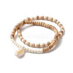 Ensemble de bracelets extensibles synthétiques turquoise (teints) à puissance énergétique pour filles et femmes, bracelet de perles rondelles de noix de coco naturelles avec cauris, bisque, diamètre intérieur: 2~2-1/4 pouce (5.2~5.7 cm), 2 pièces / kit