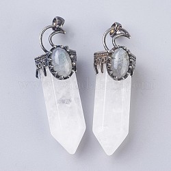 Natural Quartz Crystal Big Pendants, Rock Crystal, Pointed Pendant, with Brass Findings and Oval Natural Labradorite Cabochons, Faceted, Bullet, Antique Silver, 60~62x20x23~24mm, Hole: 5.5x7mm