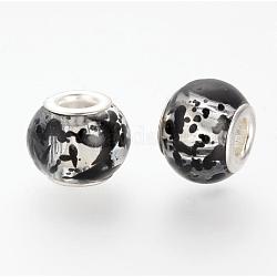 Rociar perlas europeas de vidrio pintado, Con núcleos de latón plateado color plata, Abalorios de grande agujero, rerondana plana, negro, 14~15x9.5~11mm, agujero: 5 mm