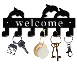 Crochets muraux en fer, support organisateur décoratif avec 6 crochets, pour sac vêtements porte-clé foulard suspendu, dauphin avec mot bienvenue, gunmetal, 12x27 cm