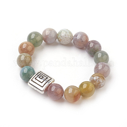 Natural Indian Agate Stretch Finger Rings, with Alloy Finding, Size 10, Antique Silver, 20mm