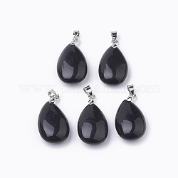 Pendentifs naturels de pierres précieuses obsidienne, avec les accessoires en laiton de tonalité de platine, larme, 23.5x15x8mm, Trou: 4x4mm