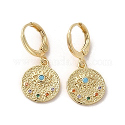 Boucles d'oreilles pendantes rondes plates avec oeil en laiton plaqué or véritable 18 carat, avec zircons, colorées, 27.5x13mm