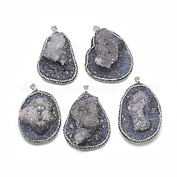 Gros pendentifs en quartz naturel, avec strass et les accessoires en laiton, teinte, pépites, platine, gris ardoise, 50~65x33~45x15~30mm, Trou: 8x4mm