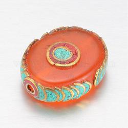 Tibetan Style Imitation Beeswax Beads, Oval, with Brass Findings, Golden, Dark Orange, 28x23x10mm, Hole: 2mm