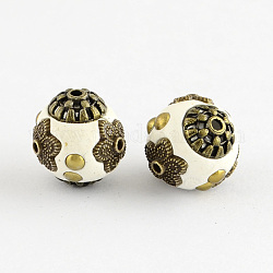 Round Handmade Indonesia Beads, with Antique Bronze Metal Color Alloy Cores, White, 14x14mm, Hole: 1.5mm