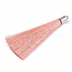 Fiber Tassel Big Pendant Decorations, with Platinum Plated Brass Finding, Pink, 70~73x7~25mm, Hole: 1.8mm