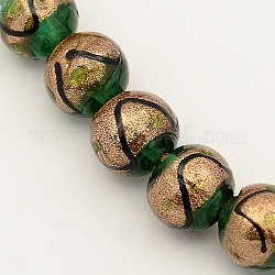 Handmade Gold Sand Lampwork Beads Strands, Round, Lime, 10mm, Hole: 2mm, about 30pcs/strand, 11.4 inch