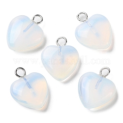 Opalite Pendants, Heart Charms with Platinum Plated Brass Loops, 14.8~15x12x4.1~4.6mm, Hole: 2mm