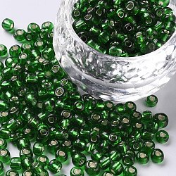 6/0 Perlas de semillas de vidrio, plata forrada agujero redondo, redondo, verde lima, 6/0, 4mm, agujero: 1.5 mm, aproximamente 450 unidades / 50 g, 50 g / bolsa, 18 bolsas/2 libras