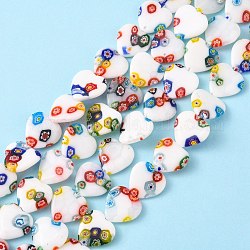 Handmade Millefiori Glass Beads Strands, Mother's Day Jewelry Making, White Porcelain, Heart, Colorful, about 18mm wide, 18mm, hole: 1mm, about 21pcs/strand, 15 inch