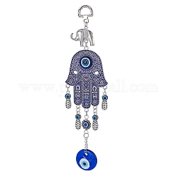 Elephant & Hamsa Hand & Evil Eye Turkish Lucky Pendant Decorations, Alloy Enamel & Glass Car Hanging Ornament, Blue, 216mm