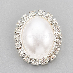 Cabochon strass in ottone, con perla in plastica imitazione abs, ovale, colore argento placcato, bianco, 24x19.5x6mm
