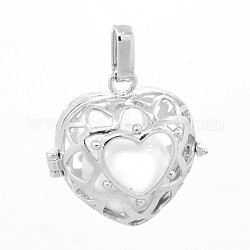 Platinum Tone Brass Cage Pendants, Chime Ball Pendants, Heart, with Brass Spray Painted Round Beads, Lead Free & Nickel Free & Cadmium Free, White, 30x28.5x17.5mm, Hole: 7x3mm