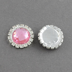 Shining Flat Back Faceted Half Round Acrylic Rhinestone Cabochons, with Grade A Crystal Rhinestones and Brass Cabochon Settings, Silver Metal Color, Pearl Pink, 18x5.5mm