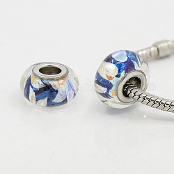 Glass European Beads, Large Hole Beads, with Platinum Color Brass Double Cores, Rondelle with Pattern, Blue, 14~14.5x8mm, Hole: 5mm