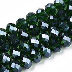 Abalorios de vidrio electroplate hebras, lustre de la perla chapado, facetados, rerondana plana, verde oscuro, 4x3mm, agujero: 0.4 mm, aproximamente 123~127 pcs / cadena, 16.5~16.9 pulgada (42~43 cm)