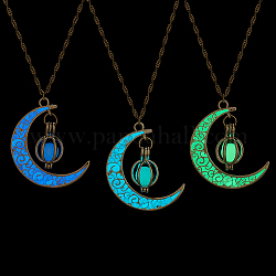 ANATTASOUL 3Pcs 3 Colors Platinum Plated Alloy Crescent Moon Pendant Necklaces Set, Glow in the Dark Synthetic Luminous Stone Jewelry for Women, Mixed Color, 18.11 inch(46cm), 1Pc/color